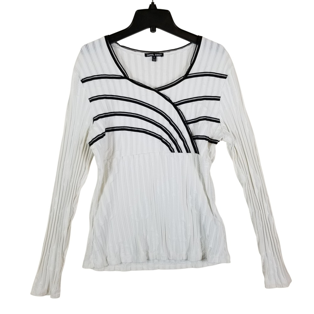 Samuel Dong Top Womens XL White Black Asymmetrical Textured Crinkle Long Sleeve